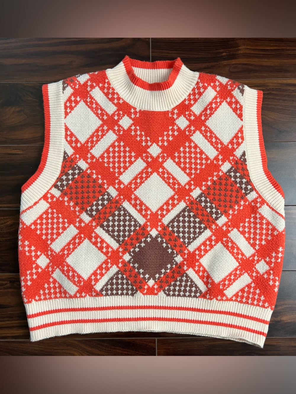THML Orange, Cream & Brown Argyle Knit Cropped Vest, XS, NWOT